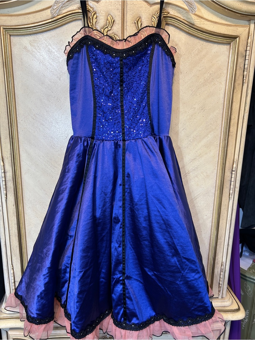 Weissman Royal Blue Sequin Rhinestone Sleeveless Pink Tulle Trim Dress